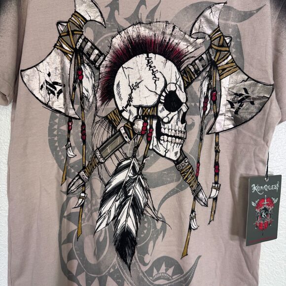 Konquest Shirt Mens Medium Skull Metallic Feather Warrior Tee Tshirt Y2K Grunge - Picture 4 of 11